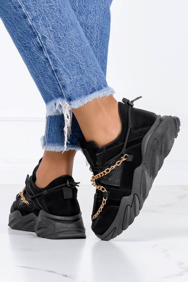 Czarne sneakersy na platformie buty sportowe ze złotym łańcuszkiem Casu XY4172