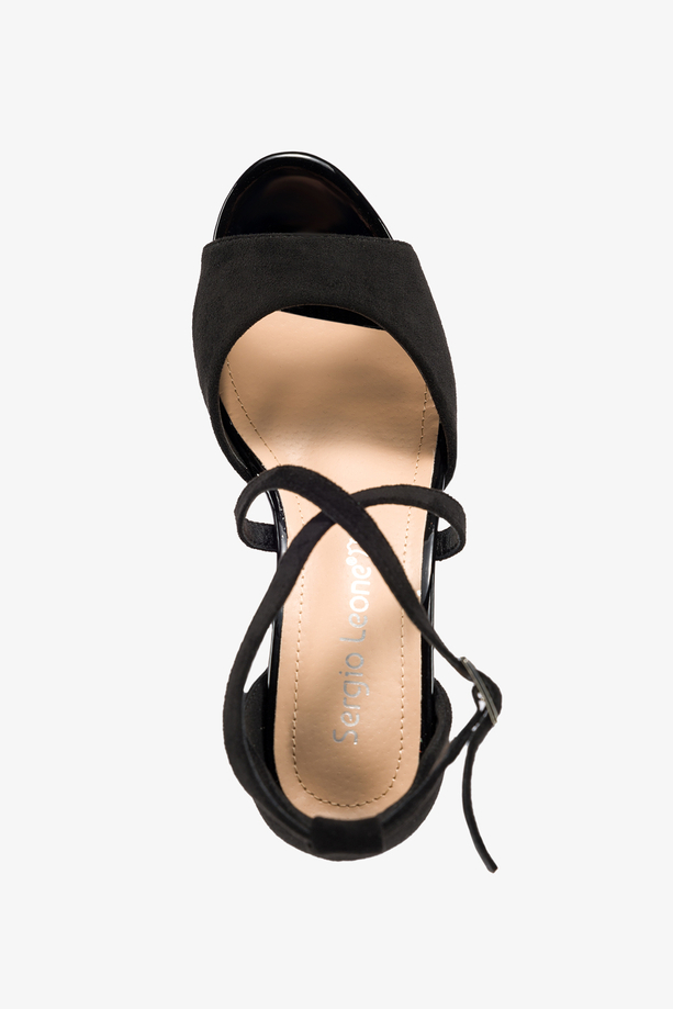 Czarne sandały damskie Sergio Leone na szerokim klocku z zakrytą piętą paski na krzyż skórzana wkładka SK842-CA