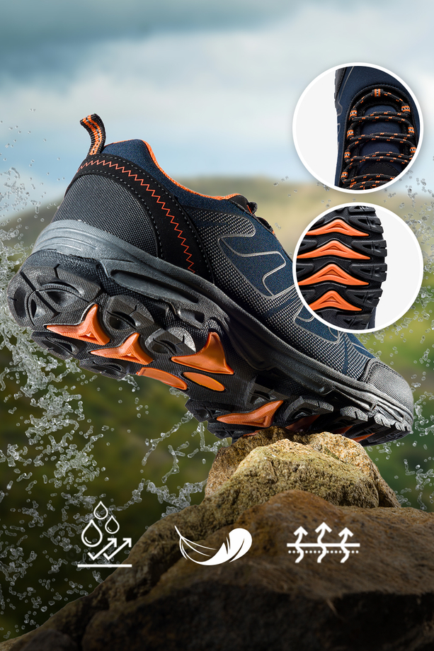 Granatowe buty trekkingowe damskie sznurowane z pomarańczowymi dodatkami softshell Casu B2116-5