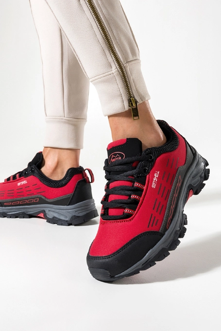 Czerwone buty trekkingowe damskie sznurowane z czarnymi dodatkami softshell Casu B2003-4