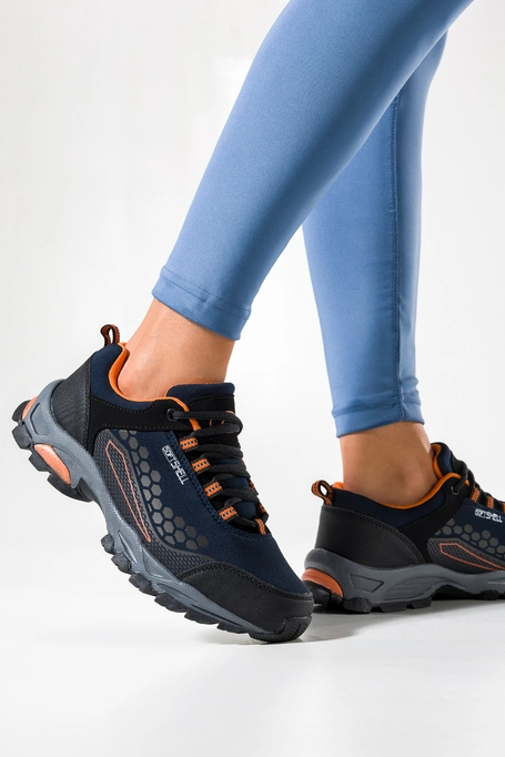 Granatowe buty trekkingowe damskie sznurowane z pomarańczowymi dodatkami softshell Casu B1812-6