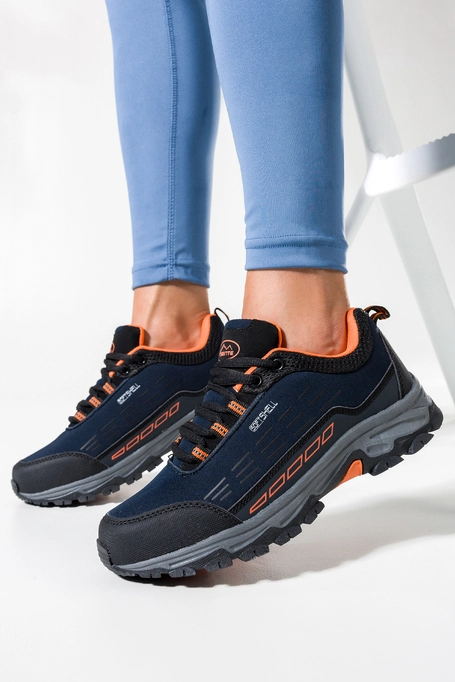 Granatowe buty trekkingowe damskie sznurowane z pomarańczowymi dodatkami softshell Casu B2003-6