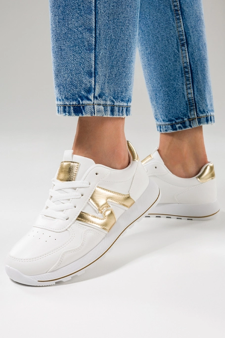 Białe sneakersy damskie buty sportowe złote dodatki sznurowane Casu 8913