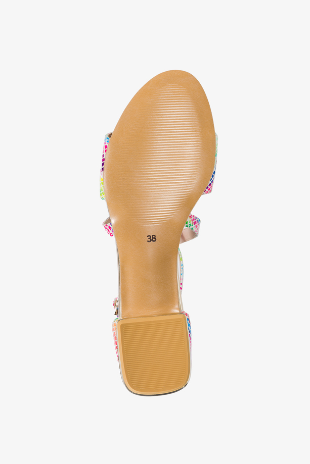 Kolorowe sandały skórzane damskie z paskami na krzyż zakryta pięta złoty obcas klocek wzór wężowy PRODUKT POLSKI Casu 2104-730