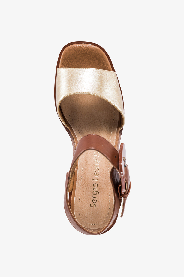 Złote sandały damskie Sergio Leone z klamrą na ozdobnym koturnie skórzana wkładka SK302-CA