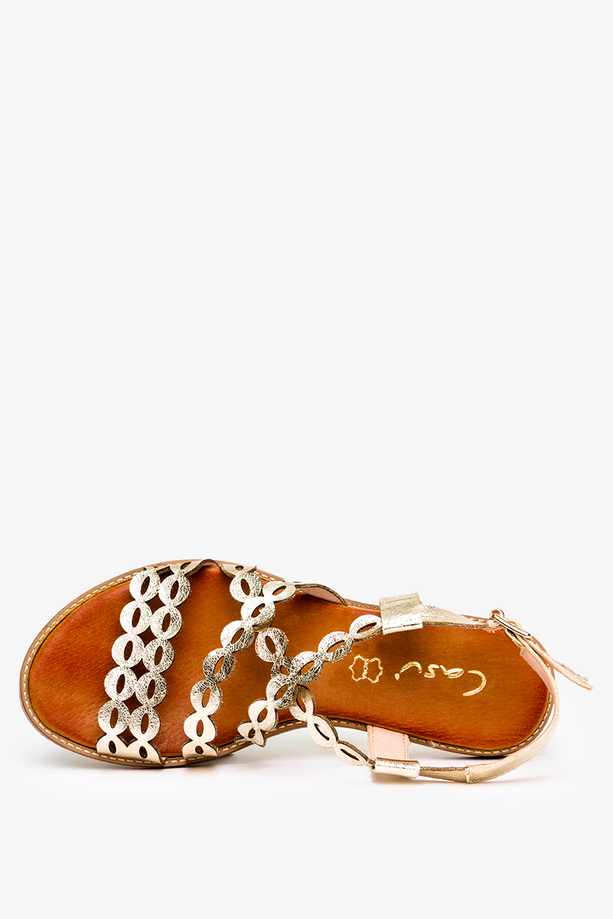 Złote sandały skórzane damskie ażurowe płaskie paski na krzyż PRODUKT POLSKI Casu 3022-0