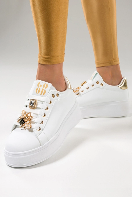 Białe sneakersy damskie buty sportowe na platformie z kryształkami i owadem sznurowane Casu 8350-3