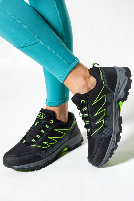 Czarne buty trekkingowe damskie sznurowane z zielonymi dodatkami softshell Casu B2113-2