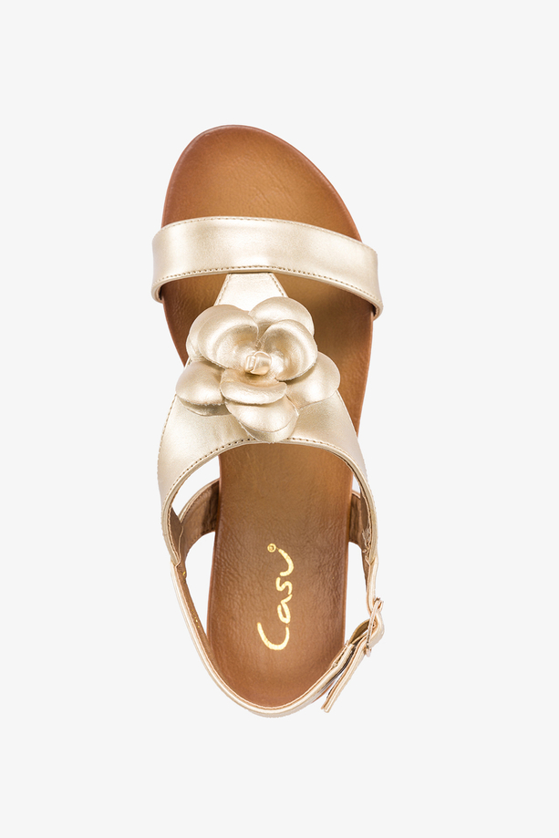 Złote sandały z kwiatem damskie płaskie Casu K24X3-G