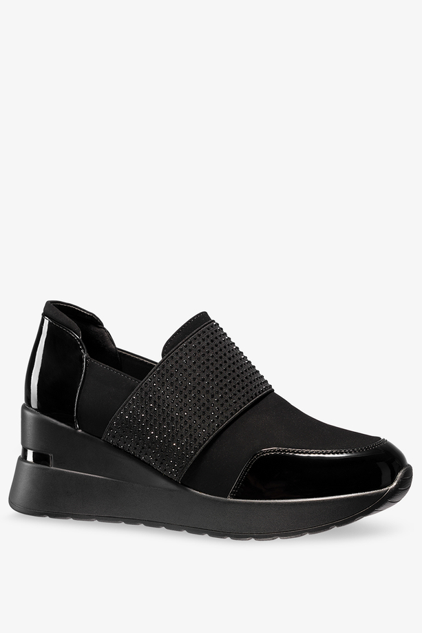 Czarne półbuty damskie sneakersy na koturnie z kryształkami Casu SA293-1