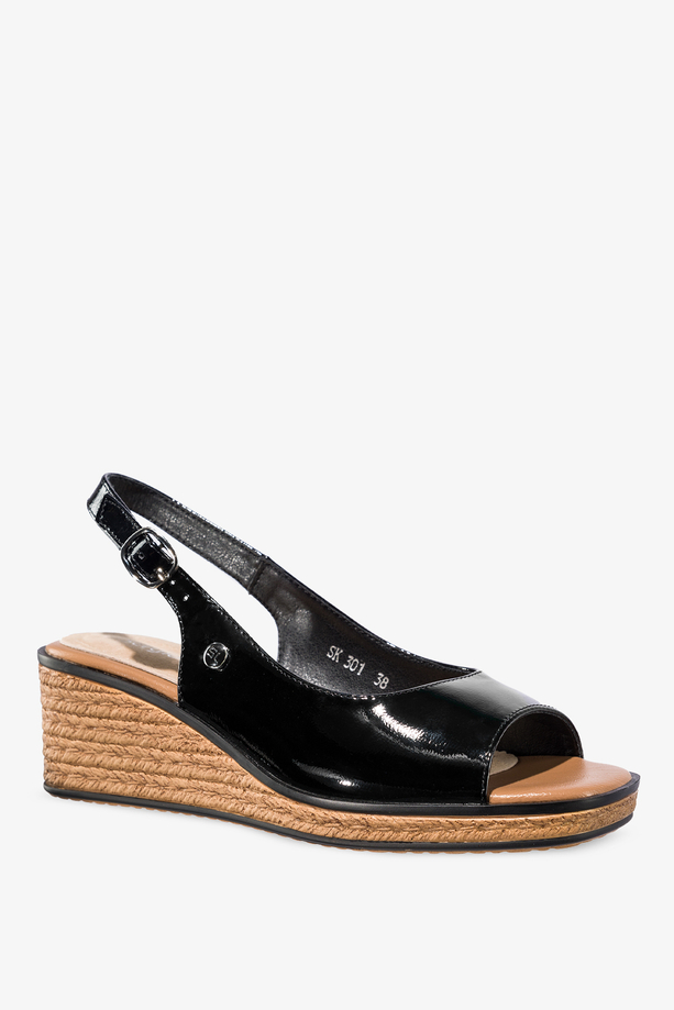 Czarne sandały damskie Sergio Leone lakierowane na ozdobnym koturnie skórzana kładka SK301-CA