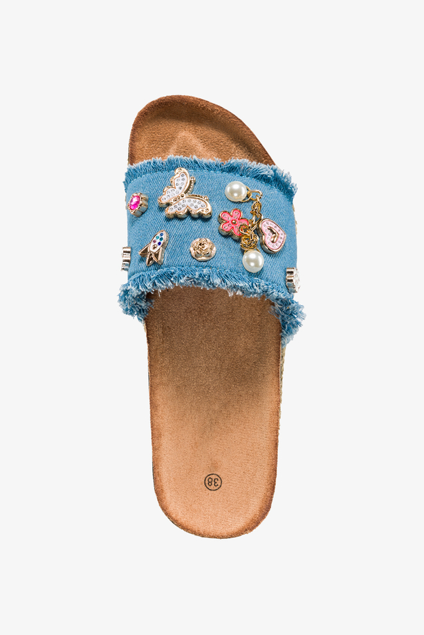 Niebieskie klapki damskie jeansowe espadryle na platformie ozdobione dżetami Casu SP38-2