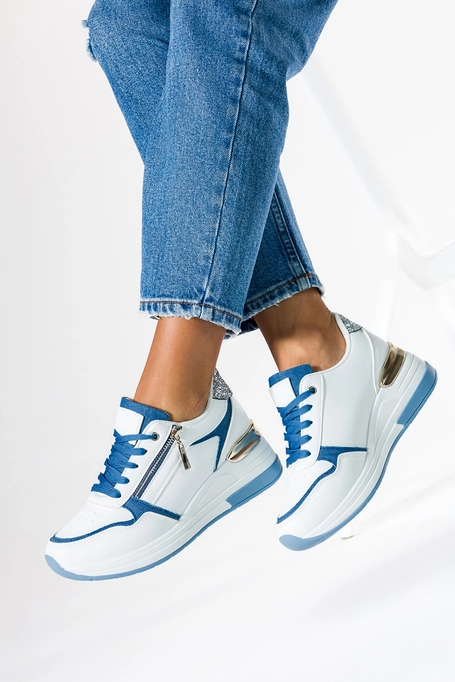 Białe sneakersy damskie buty sportowe na platformie z brokatem sznurowane Casu GA8007-2