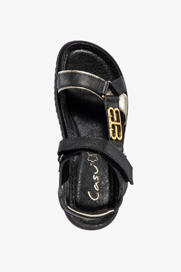 Czarne sandały skórzane damskie na rzep złota ozdoba bieżnikowana platforma PRODUKT POLSKI Casu 50103