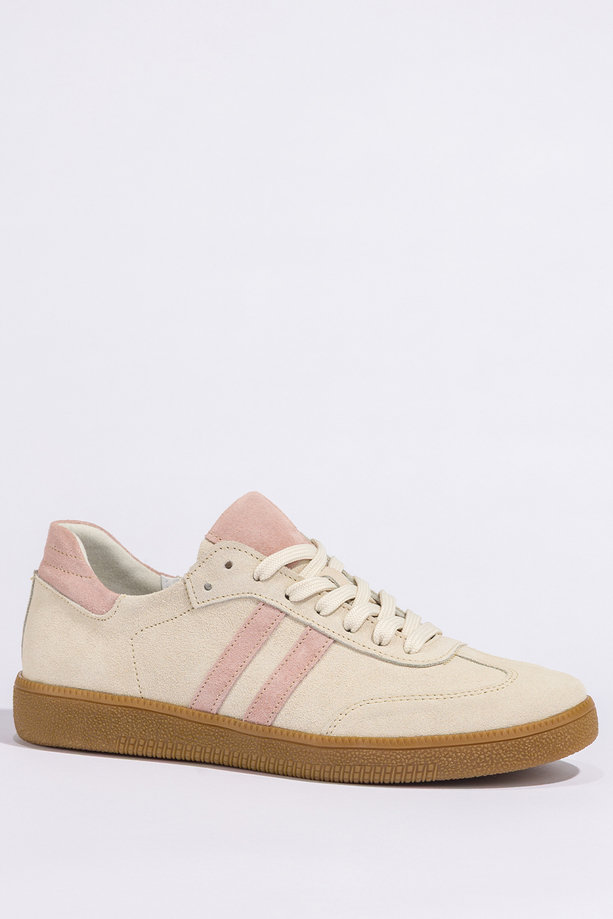 Kremowe sneakersy skórzane damskie buty sportowe z różowymi wstawkami sznurowane PRODUKT POLSKI Casu N1068