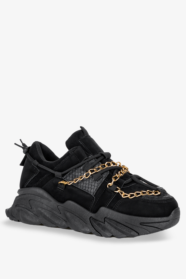 Czarne sneakersy na platformie buty sportowe ze złotym łańcuszkiem Casu XY4172