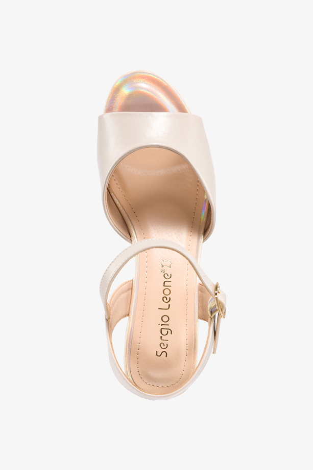 Beżowe sandały damskie Sergio Leone na ozdobnym klocku skórzana wkładka SK876-CA