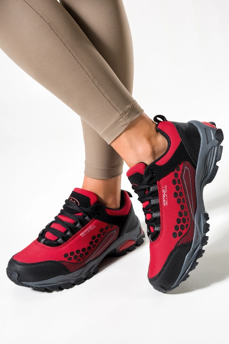 Czerwone buty trekkingowe damskie sznurowane z czarnymi dodatkami softshell Casu B1812-4
