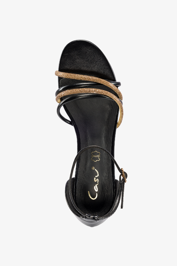 Czarne sandały z cyrkoniami damskie na niskim ozdobnym obcasie z zakrytą piętą pasek wokół kostki skórzana wkładka Casu U24X10-B