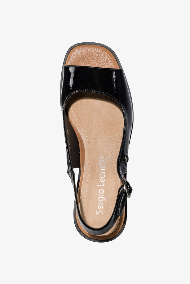 Czarne sandały damskie Sergio Leone lakierowane na ozdobnym koturnie skórzana kładka SK301-CA