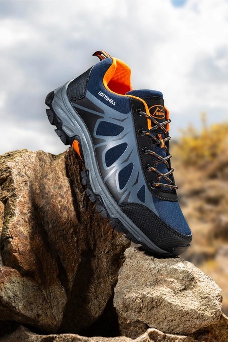 Granatowe buty trekkingowe damskie z pomarańczowymi dodatkami sznurowane softshell Casu B2110-6