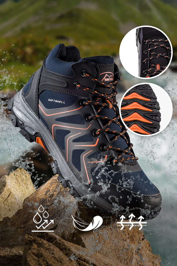 Granatowe buty trekkingowe damskie z pomarańczowymi dodatkami sznurowane softshell Casu B2115-5