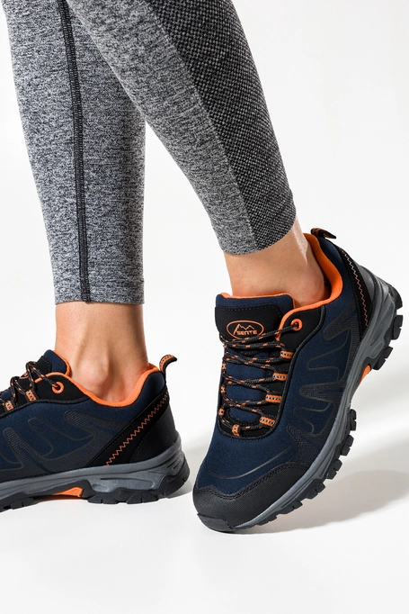 Granatowe buty trekkingowe damskie sznurowane z pomarańczowymi dodatkami softshell Casu B2116-5